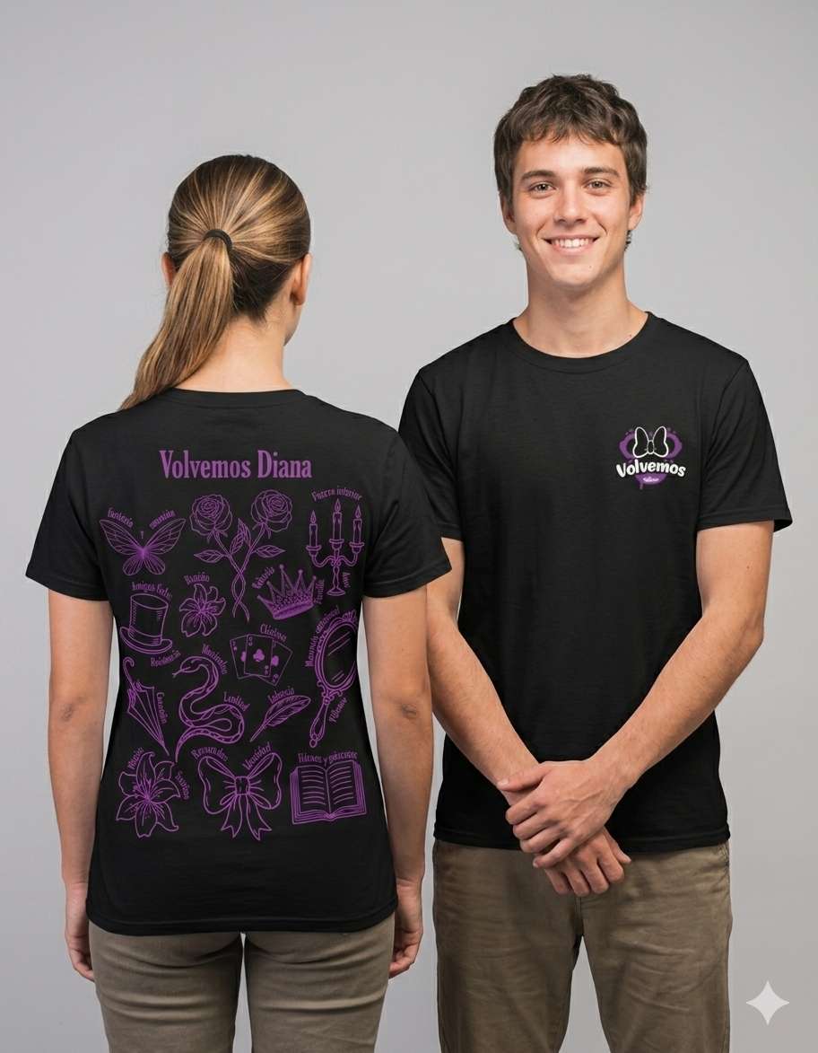 Modelos vistiendo la camiseta oficial del musical Volvemos Diana edición negra.