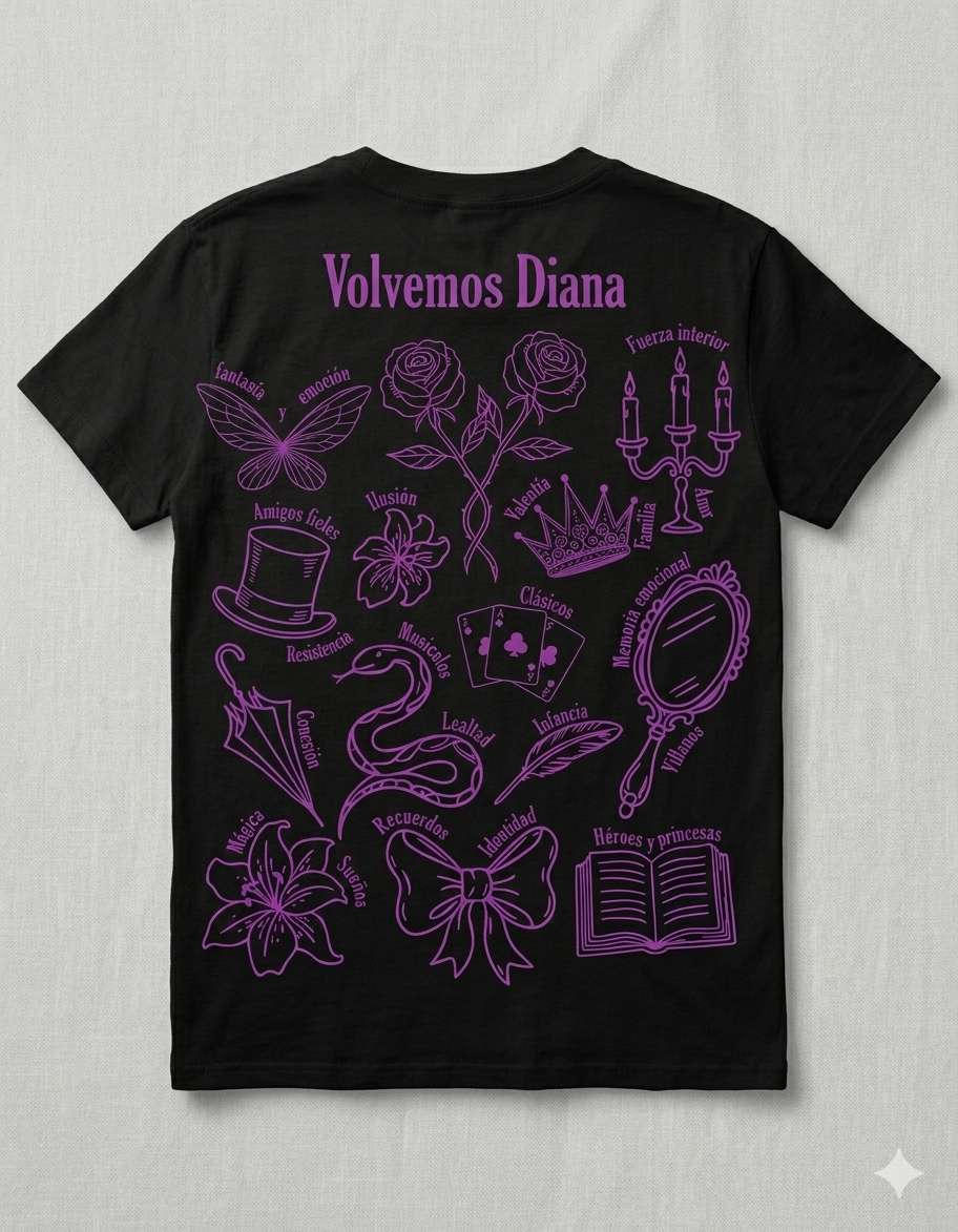 Diseño posterior camiseta negra Volvemos Diana iconos del musical violetas.