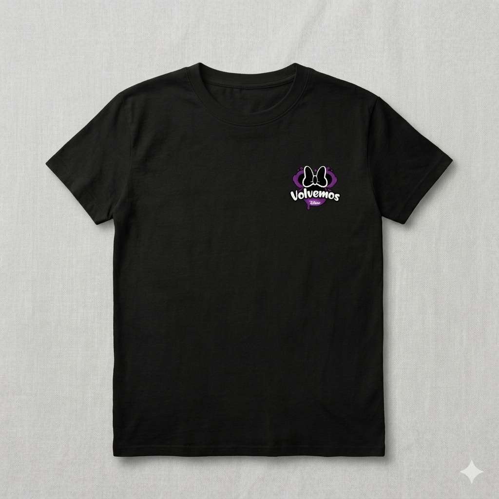 Camiseta negra frontal merchandising oficial musical Volvemos Diana logotipo violeta.