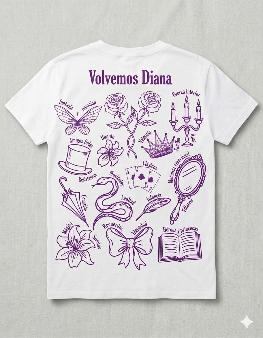 Diseño posterior camiseta blanca Volvemos Diana iconos del musical violetas.
