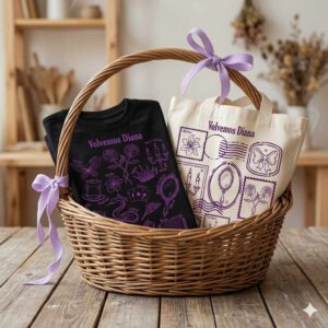 Pack ahorro del musical Volvemos Diana con camiseta negra de algodón y bolsa de tela tipo tote bag con diseño de sellos púrpura en una cesta de mimbre.
