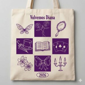 Bolsa de tela blanca con impresión violeta del merchandising oficial del musical Volvemos Diana.