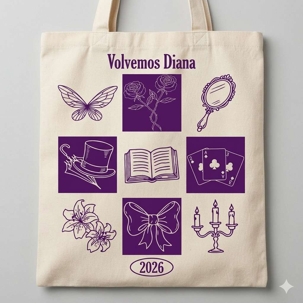 Bolsa de tela blanca con impresión violeta del merchandising oficial del musical Volvemos Diana.