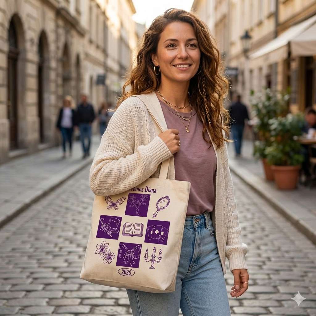 Mujer joven paseando con la bolsa de tela del musical Volvemos Diana en un entorno urbano.