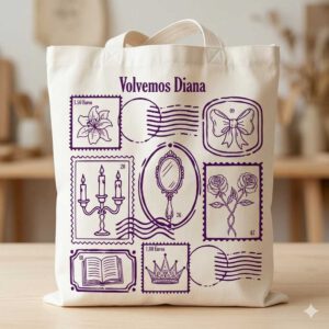 Tote bag oficial Volvemos Diana de algodón natural diseño sellos de la memoria.