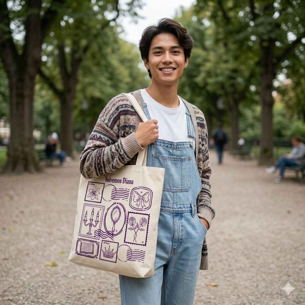 Joven con la bolsa de tela oficial del musical Volvemos Diana en un parque.