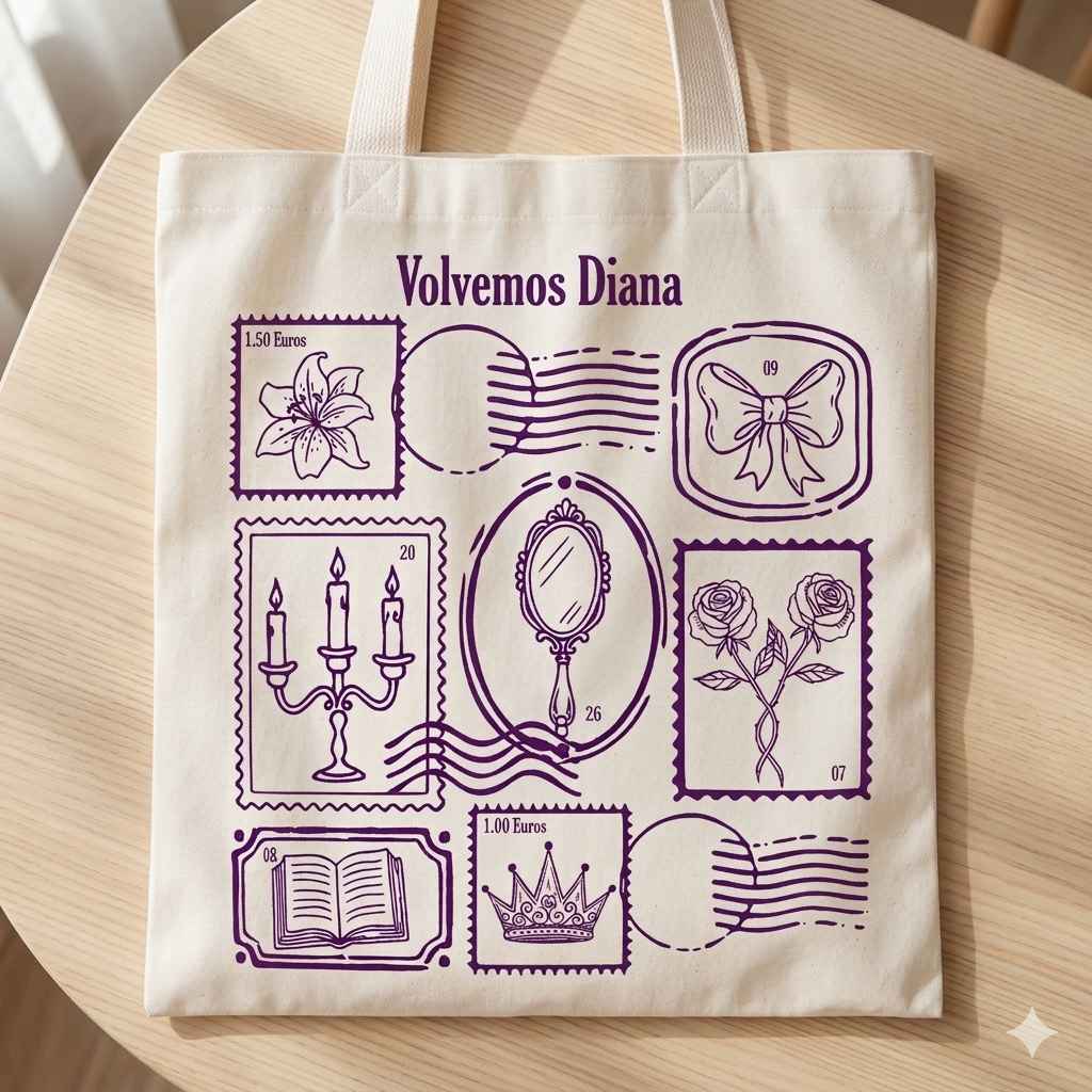 Bolsa de tela blanca con diseño de sellos postales violetas musical Volvemos Diana.